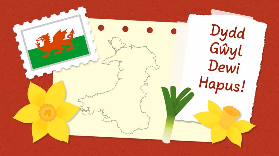 Illustration of the Welsh flag, daffodils and a leek, an outline of the map of Wales with the words 'Happy St. David's Day' in Welsh.