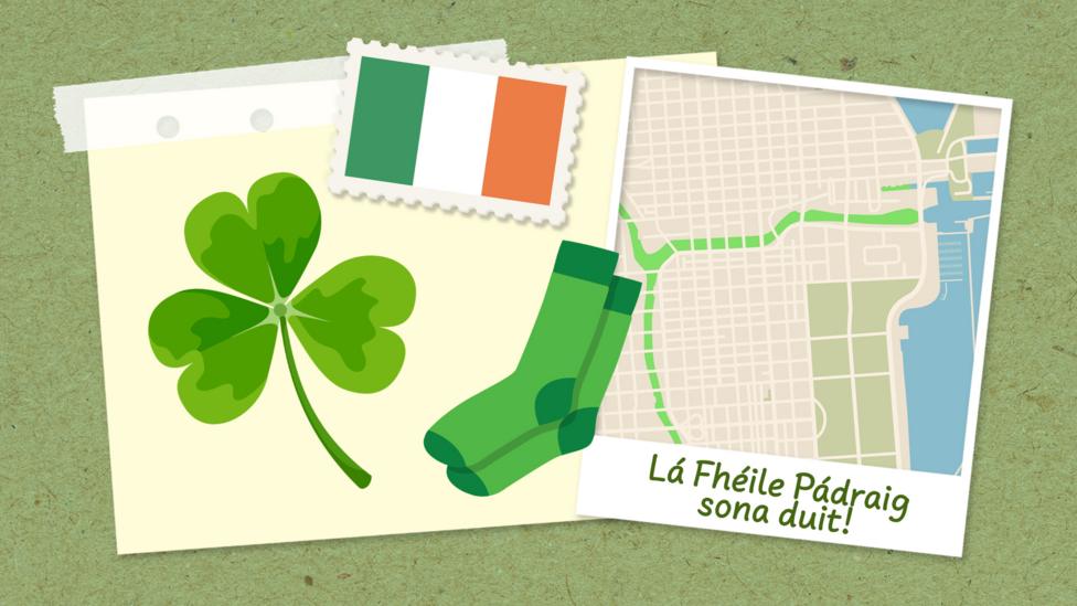 Illustration of a shamrock, the Irish flag, green socks and an aerial map of a city with a green river, with the phrase 'Happy St Patrick's Day' written in Irish.