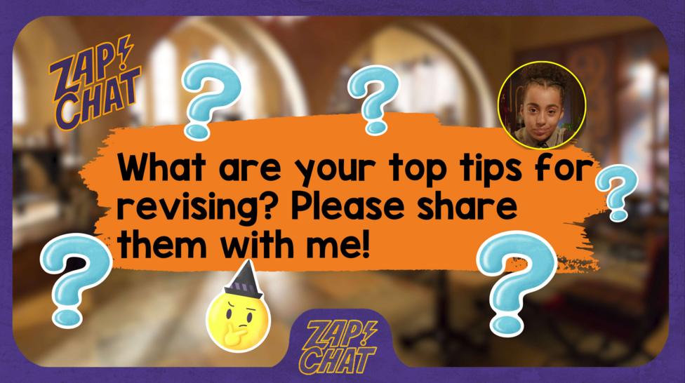 Text reads: "What are you top tips for revising? Please share them with me!"