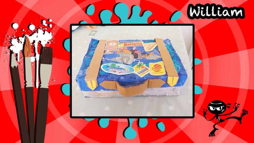 A suitcase made by a CBBC user, it is a painted blue suitcase with names of various cities stuck on to it.