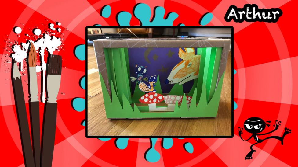 An artistic creation of a forest in the night time, it is made to look 3 Dimensional cute mushrooms, bugs and a deer.