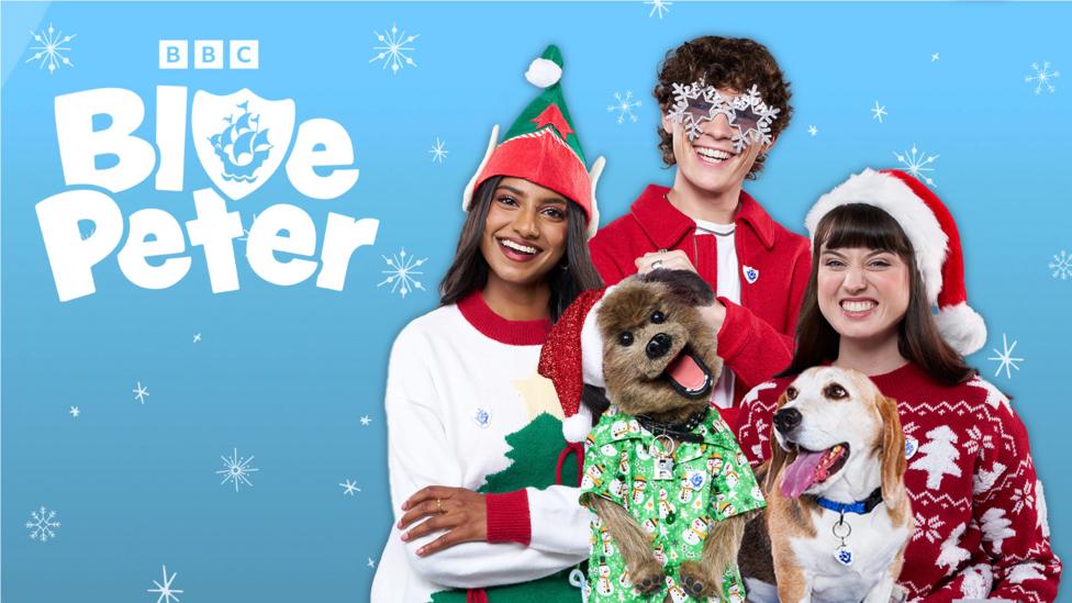 Blue Peter presenters in Christmas outfits.