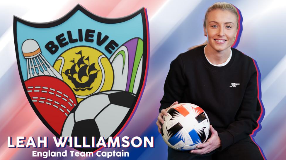 Leah Williamson holds a football, she is the England Women's team captain and designer of the Blue Peter Sport Badge.