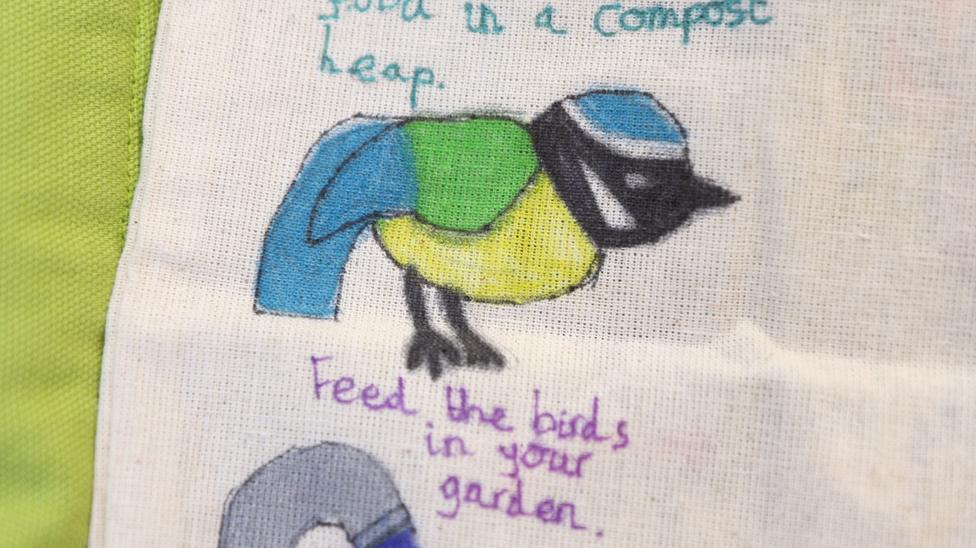 A close-up of a Blue Tit bird beautifully drawn on the bag.