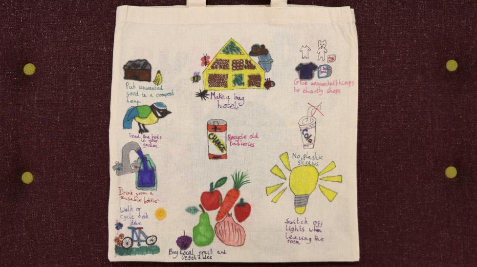 The back of the bag, featuring 10 eco tips, each accompanied by a picture.