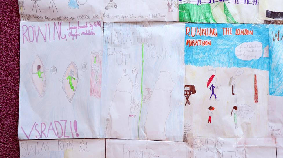 A section of the poster covering Lindsey rowing against Radzi, Lindsey doing the mountain marathon, and Lindsey running the London marathon.