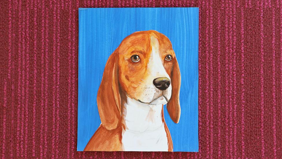 A very detailed painting of Henry the dog, with a blue stripey background behind.