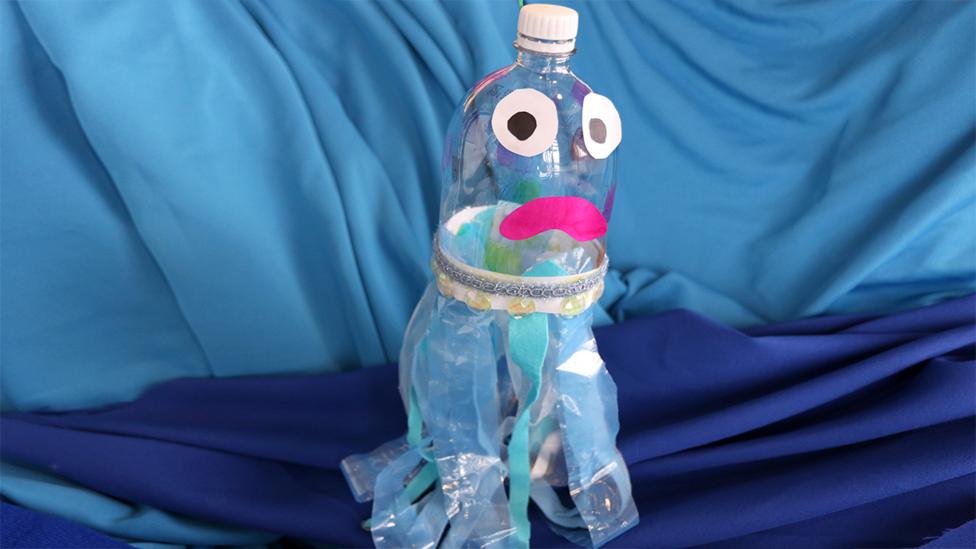 Joe the jellyfish made from a plastic bottle and strips of plastic wrapping.