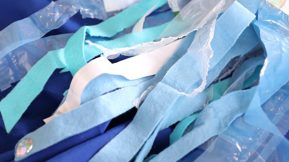 A close-up of Joe the jellyfish's tentacles, made from felt and strips of plastic wrapping.
