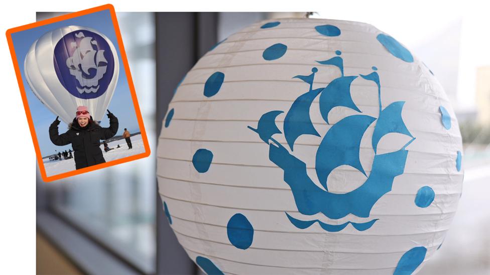 A close-up of the BP ship on the side of the lantern, made from blue card. Placed on top is a small image of Lindsey from her hot air ballon challenge.