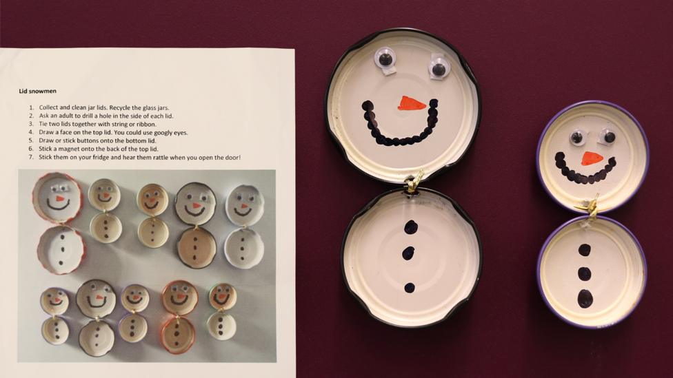 The instruction sheet Faye sent, showing how to make the lid snowmen. Beside it, two of the snowmen.