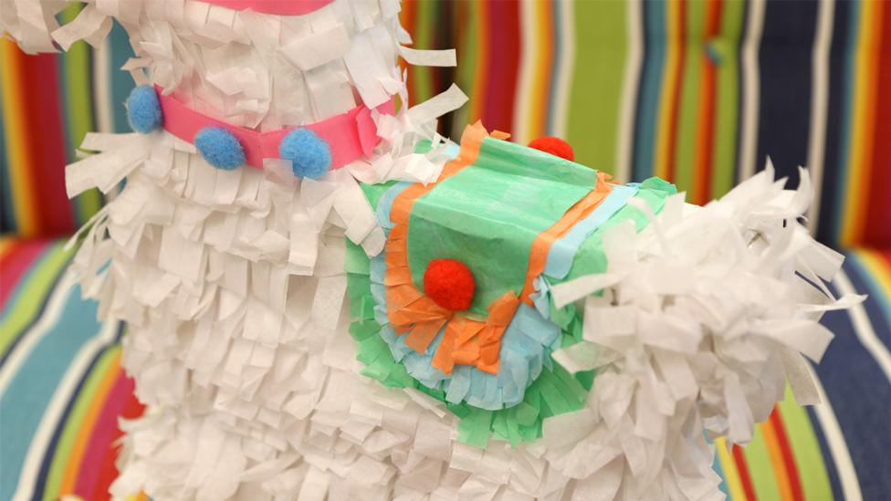 A close-up of the green, blue and orange saddle on the llama's back.