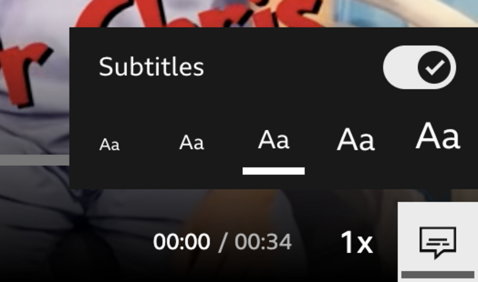 The BBC iPlayer video player, showing the subtitles options.