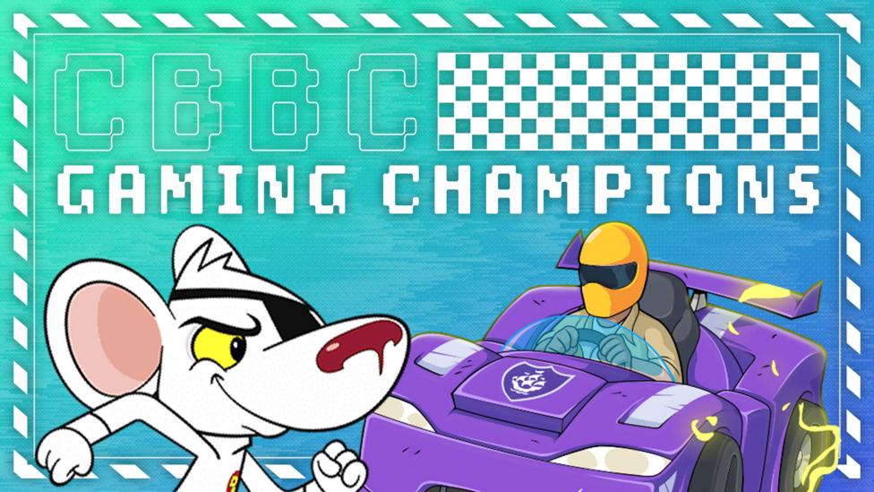 "CBBC Gaming Champions". Danger Mouse and a Blue Peter driver are posing