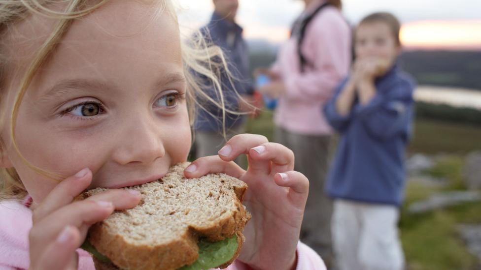 Girl with brown bread sandwich, wind blows her hair across her face, family behind her.