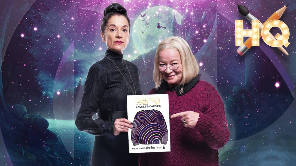 Cackles Cardies CBBC HQ Send In with Miss Cackle and Miss Hardbroom holding up a piece of paper on Worst Witch background.