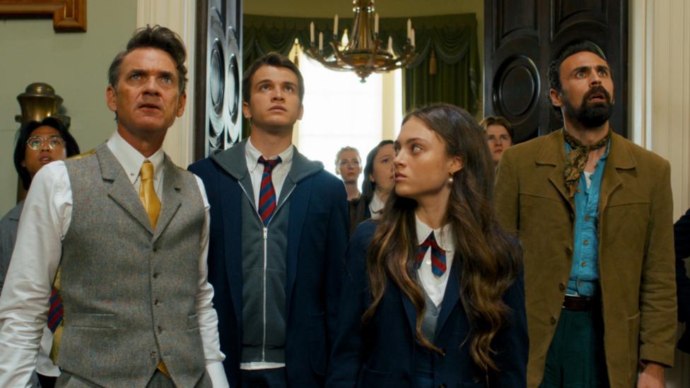 Headteacher Caspian, Gabriel, Penelope and Crookhaven look up.