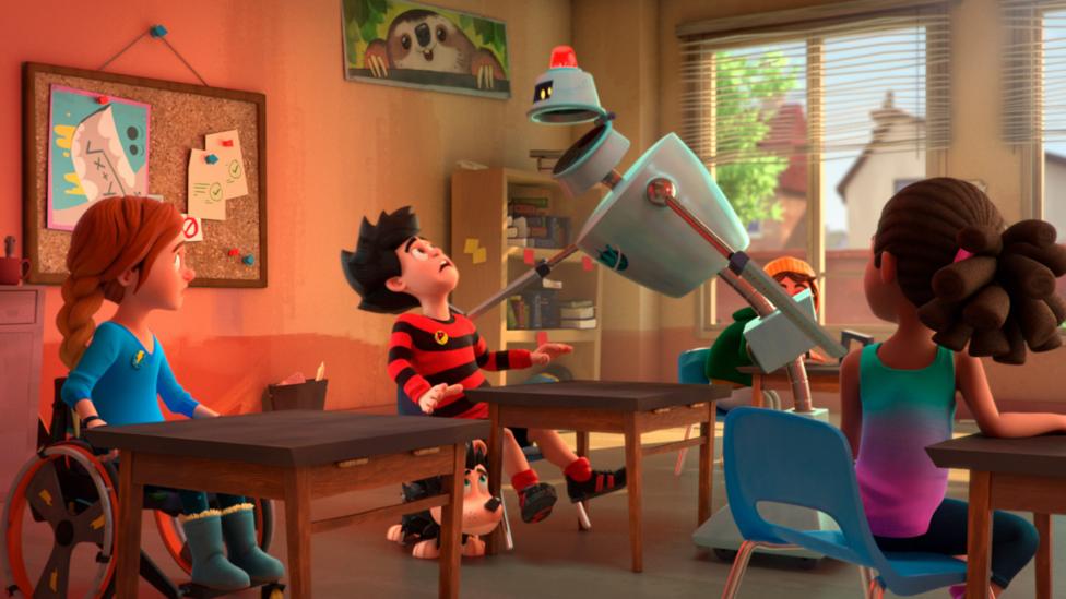 A scene in a classroom, a robot tells Dennis off.