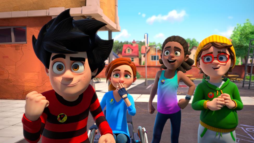 Dennis and friends are in the school playground, there are six differences in the picture.