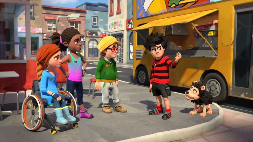 The original image for the Dennis and Gnasher Unleashed spot the difference game, featuring Dennis and friends surrounding a mush pea catering van, staring confusedly at a pea in Dennis's hand.