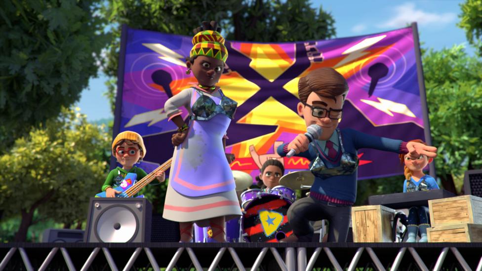 Characters from Dennis and Gnasher Unleashed are playing in a band on the stage. There are six differences to find in the image.