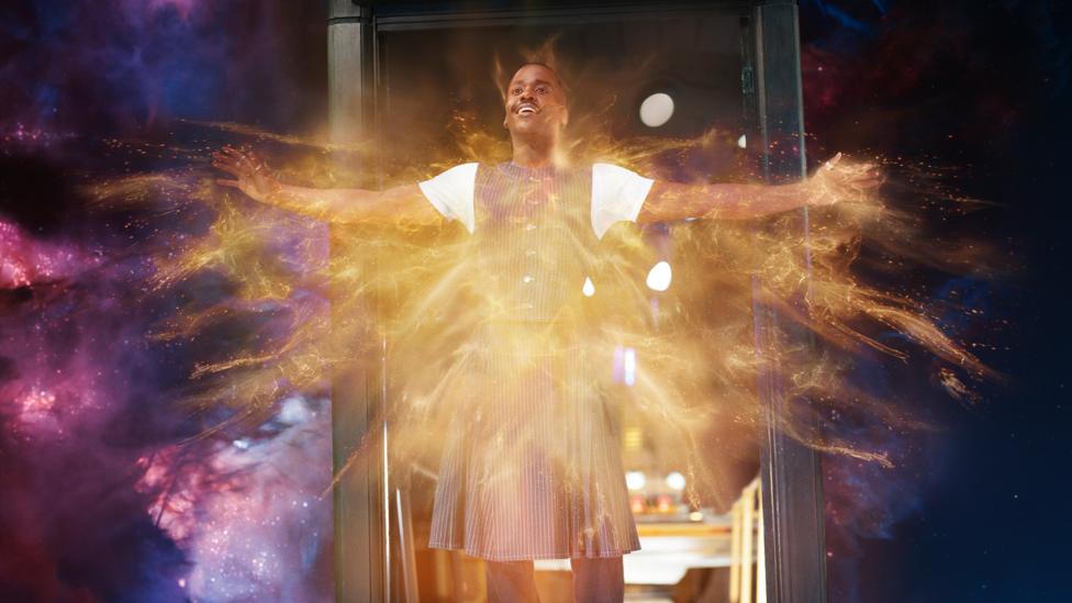 The Doctor explodes with regeneration energy in space.