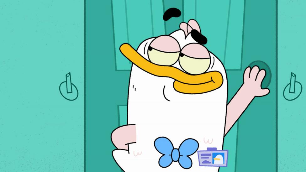 Duck is leaning against a green door.