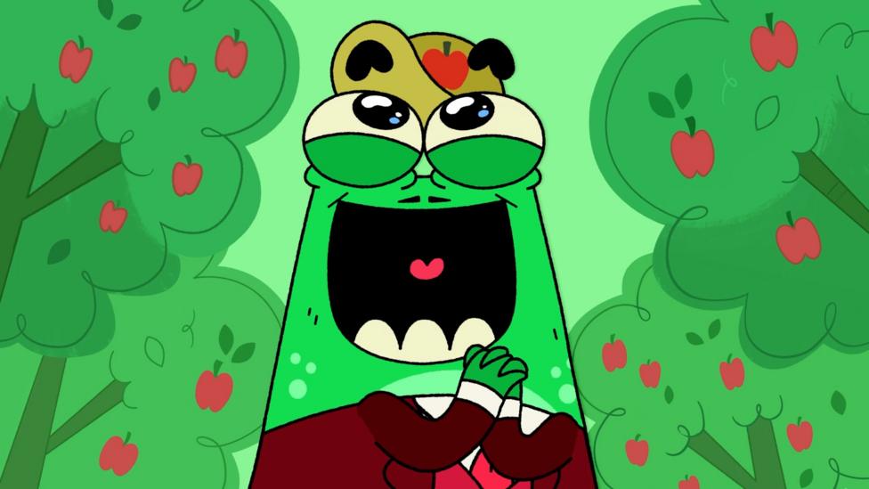 Image of Frog with his mouth open with trees in the background.