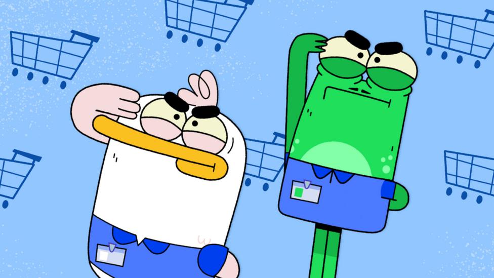 Image of a cartoon duck and frog against a blue background with shopping trolleys.