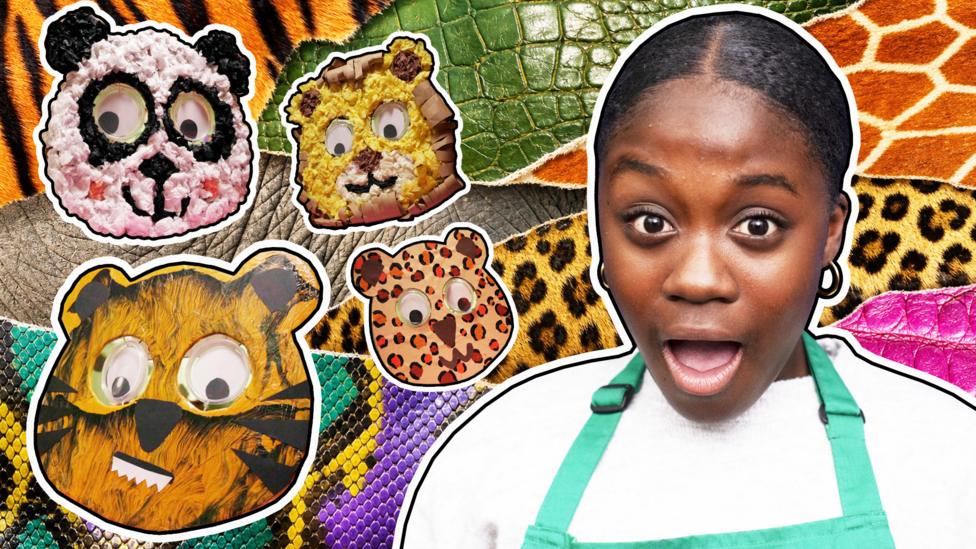 A girl looks excited on the right hand side with homemade animal masks on the left.
