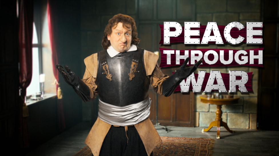 Image of Oliver Cromwell next to text that reads 'Peace Through War'
