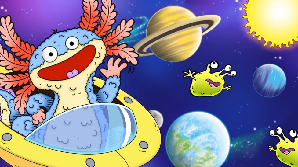 An alien is piloting a UFO in outer space surrounded by aliens