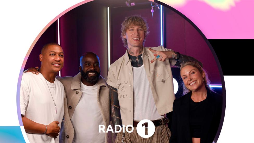 mgk in the Radio 1 Live Lounge with Radio 1 presenters Rickie, Melvin and Charlie.