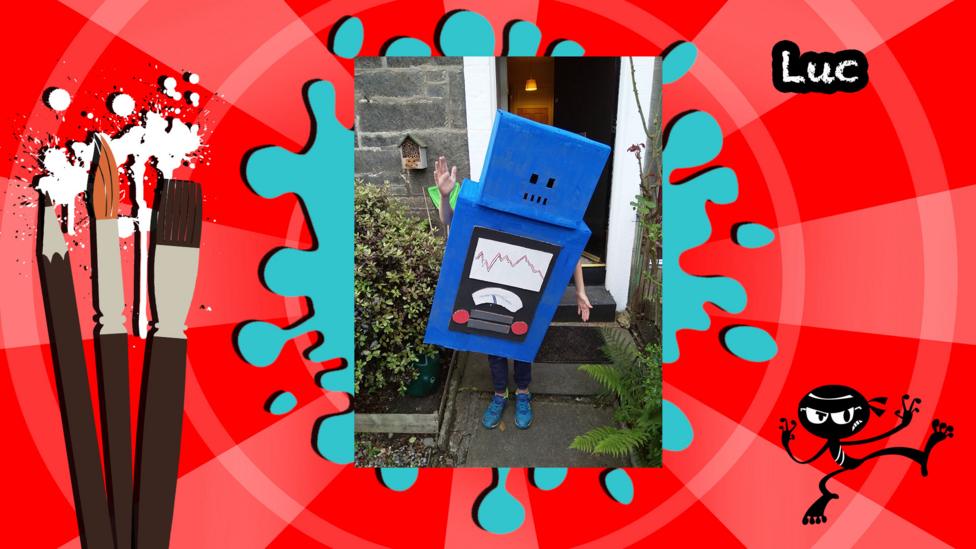 A robot costume made with cardboard.