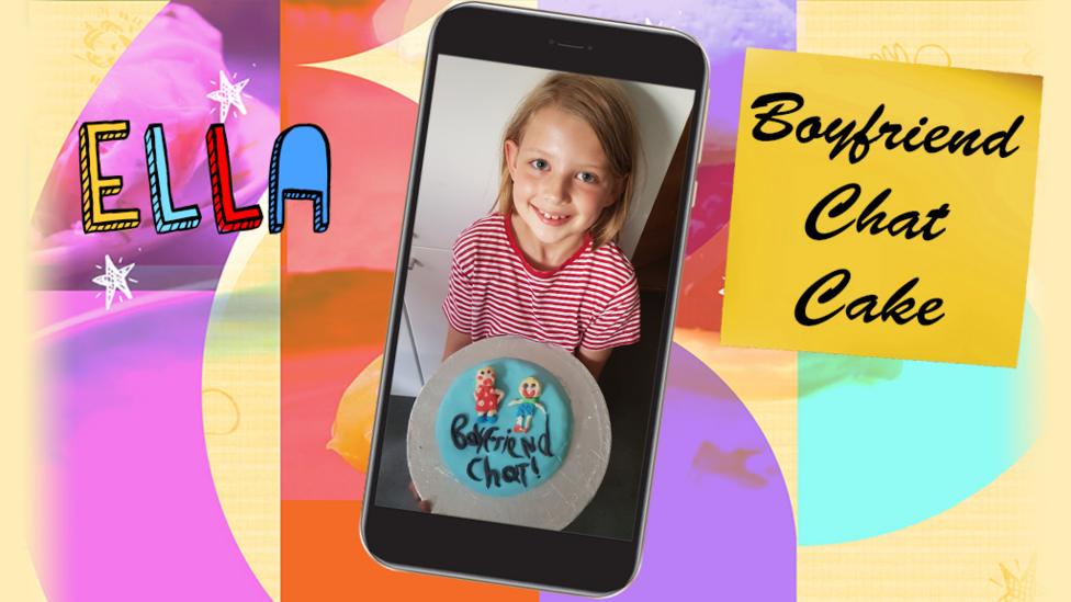 A little girl (Ella) posing with a brilliant cake, showing Matilda getting angry at her dad trying to have the boyfriend chat with her - again!