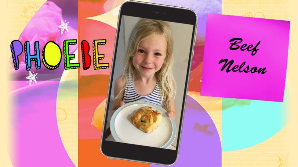 A little girl (Phoebe) holding a beef nelson on a plate.