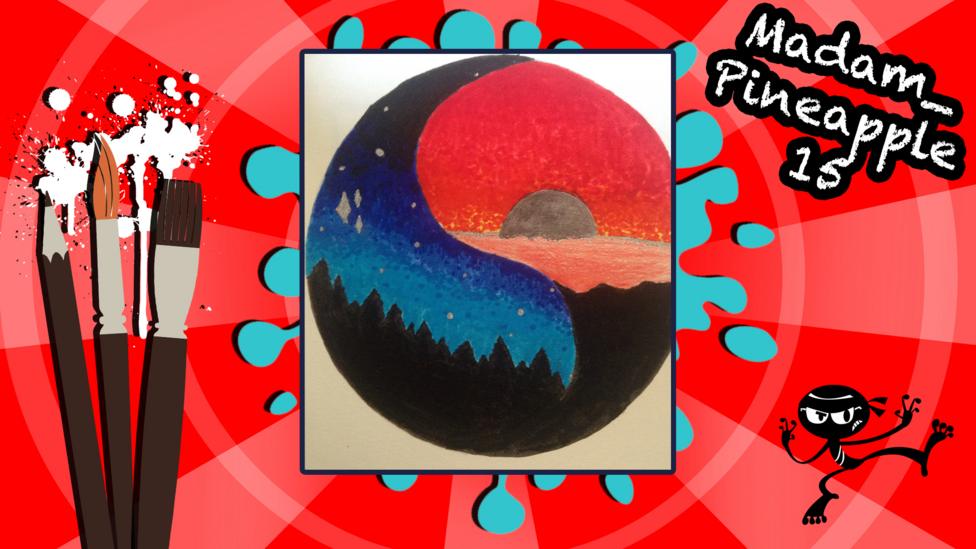 A yin and yang picture with two different landscapes.