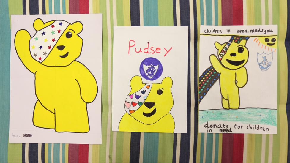 A painting and two drawings of Pudsey bear.