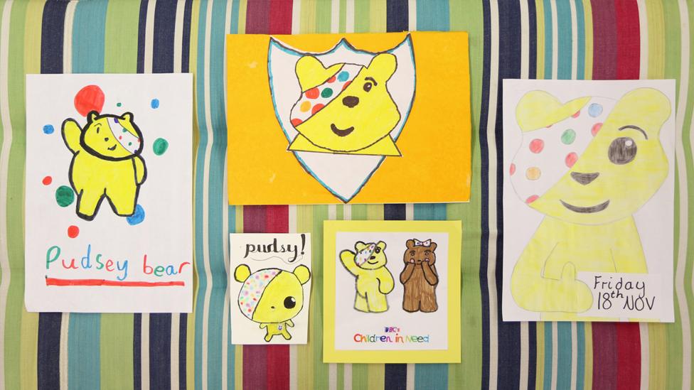 A painting and four drawings of Pudsey bear and Blush bear