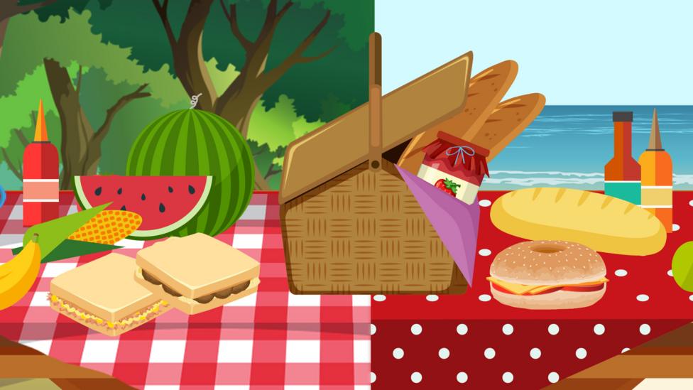 Image has half forrest and half sea background with a picnic. tablet with a half polka dot and half gingham patterned blanket. There is various fruit, sandwich and drink types on the table including a large basket in the centre.