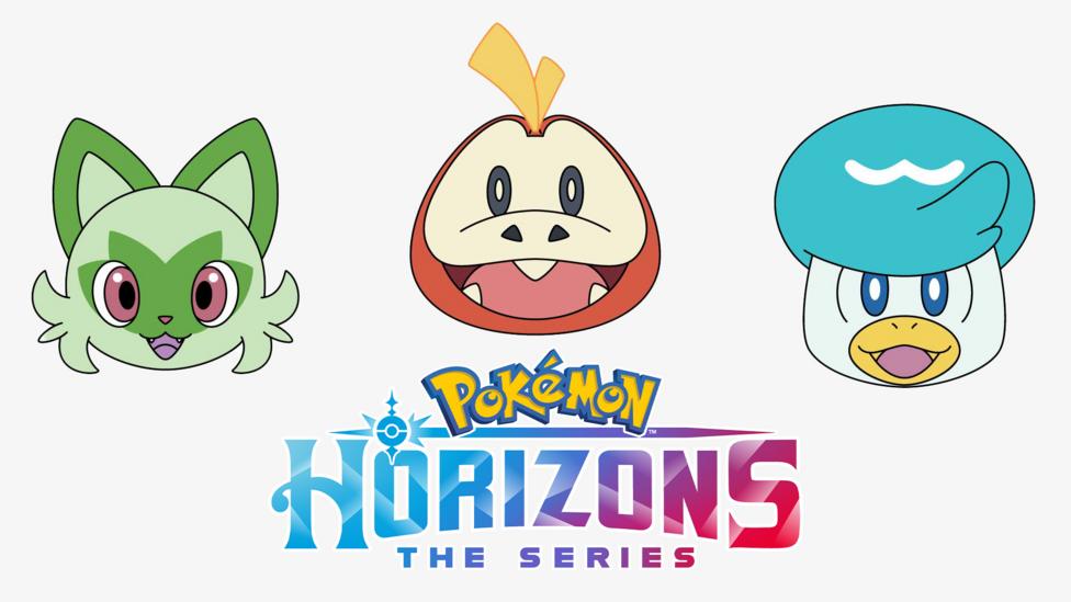 Pok\u00E9mon Sprigatito, Fuecoco and Quaxly and the Pok\u00E9mon Horizons logo.