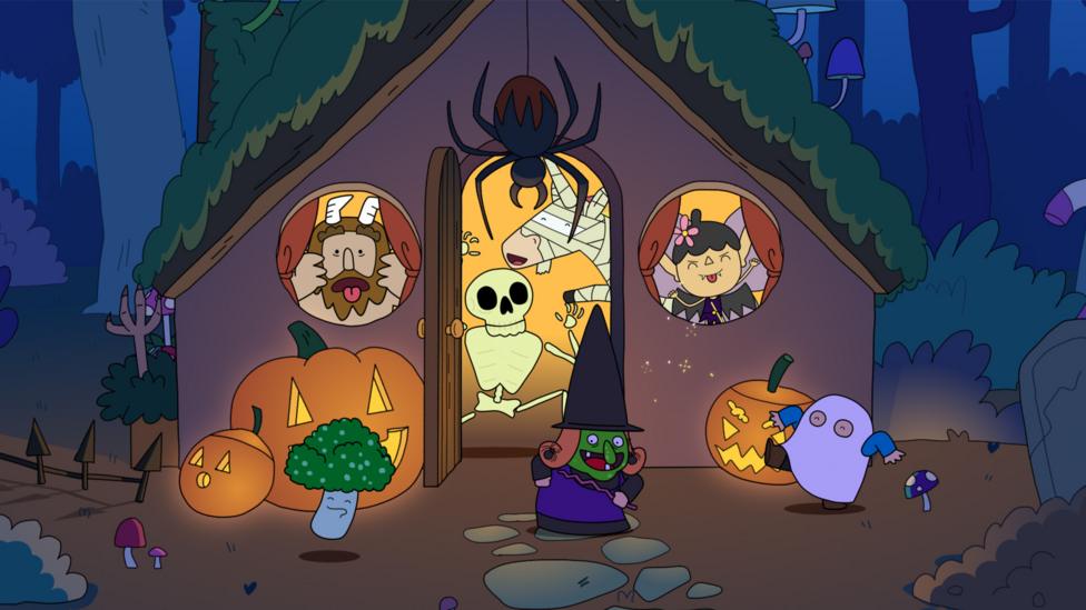 Super Happy Magic Forest spooky scene with Halloween pumpkins.