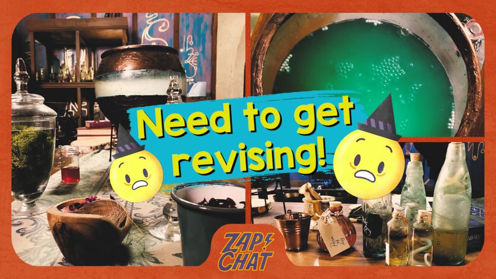 Desk with potions and bottles. Text reads 'Need to get revising'.