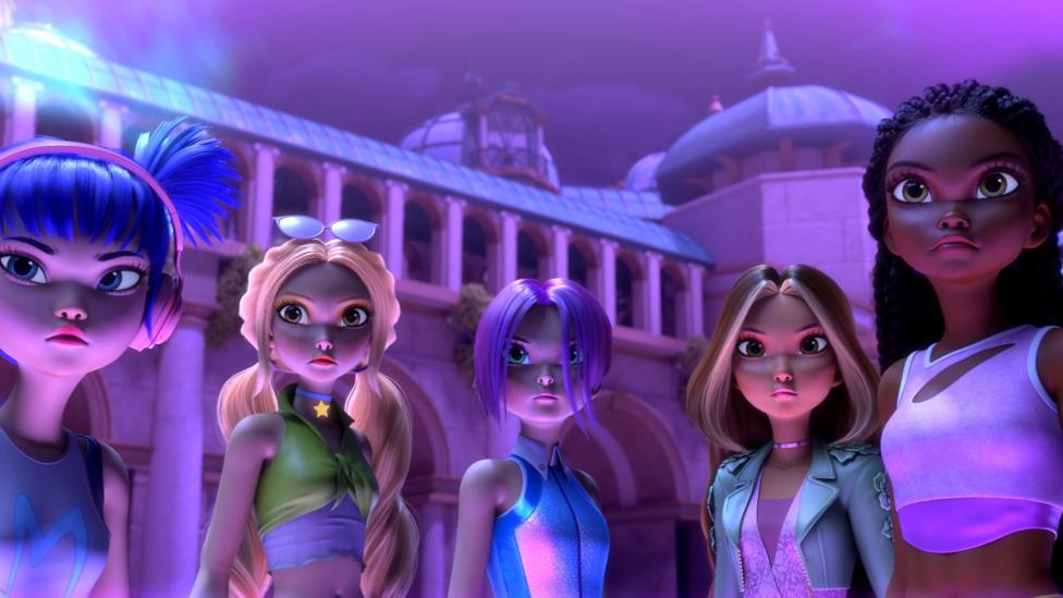 Winx Club fairies in a purple glow.