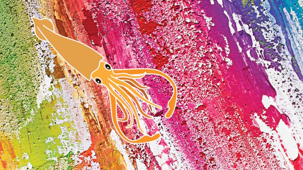 A squid on a colourful background.