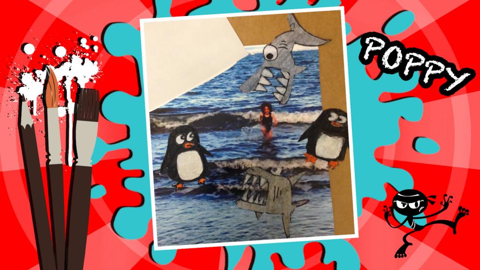 A girl (poppyminipopcorn) walking out of the sea, surrounded by doodle sharks and penguins,.