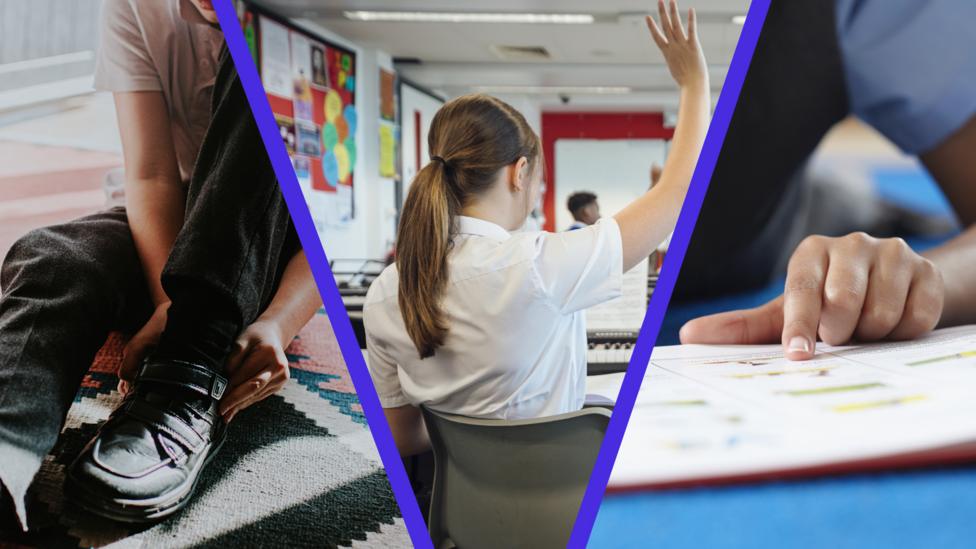 Images from a new term at school: Putting on school uniform and listening in class.