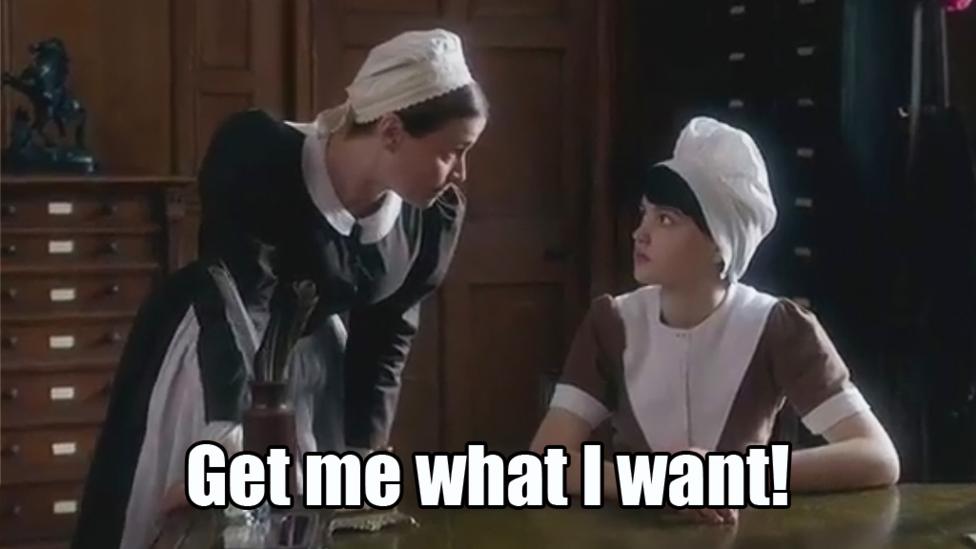 Matron leaning over Blanche with the words 'Get me what I want'