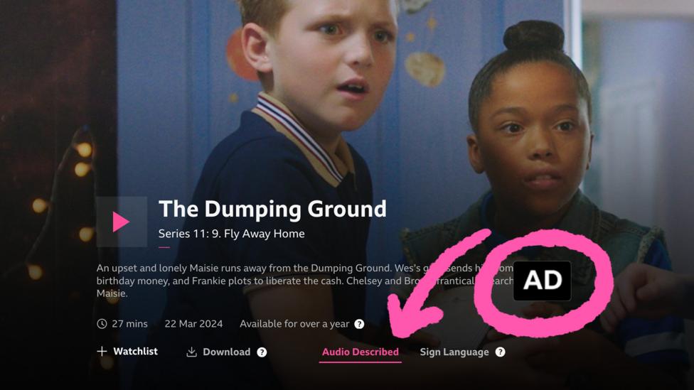 The BBC iPlayer user interfact, a large arrow points towards text that says "Audio description", which is toggled on, there is a small "AD" logo in a black box, circled.