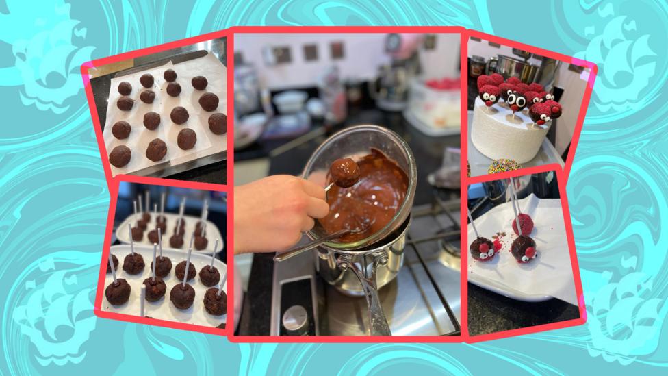 Image of chocolate brownie balls being placed on a stick and dipped in melted chocolate.